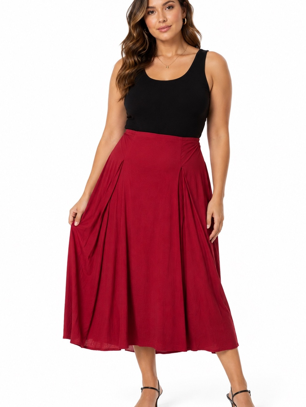 Wine Red A-Line Pull On Midi Skirt Flowy Neutral Office Church Lined Sz M